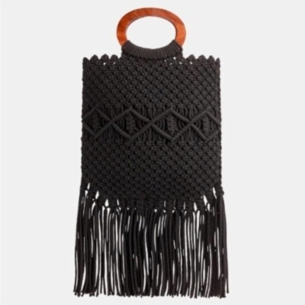 Danielle Nicole Macramé Crossbody Bag Hand-crafted in India Black Fringe
